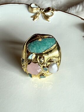 Gold Stone Cluster Ring with Green and Pink Gemstones